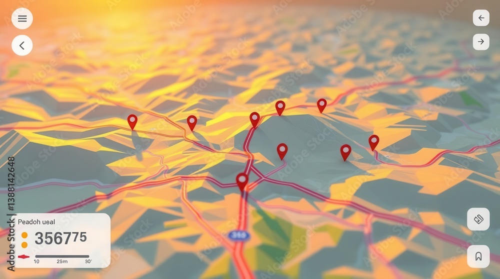 Poster graphical map with red pins indicating locations on a terrain visualization with a warm color gradie