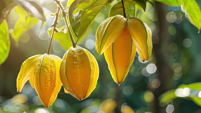 Carambola close-up on a tree. selective focus