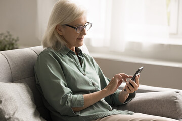 Digital engagement in retirement. Portrait happy confident older female in glasses sitting on couch...