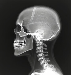 X-ray image skull, cervical spine in lateral view. Medical imaging shows human head skeleton structure, bones, teeth. Healthcare, medicine, radiology, neurology concept for education, medical