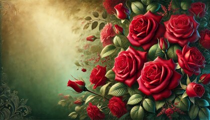 Elegant Red Roses Bouquet with Soft Garden Background – Romantic Floral Composition with Copy Space for Design and Advertising