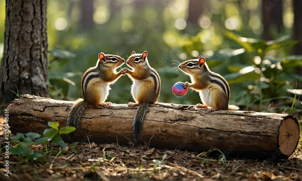 Poster three chipmunks playfully interacting on a log in a forest setting.