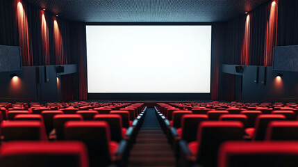Fototapeta premium Empty modern cinema with red seats and large blank movie screen, captured from the center aisle in a dimly lit theater before showtime. Copy space.
