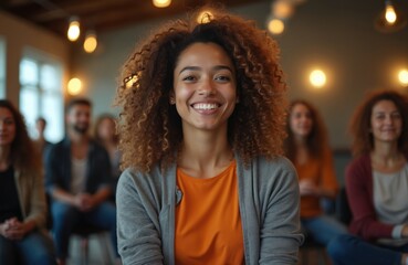 Fototapeta premium Smiling woman with curly hair during a workshop on mental health. Group of people in a workshop setting. Team of employees engage in mindful workshops for stress management. Employee appreciation day.
