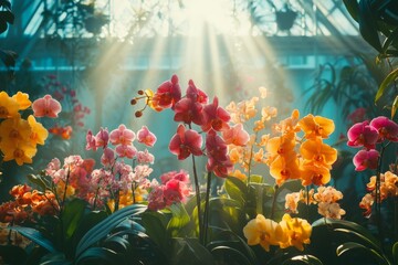 Obraz premium Sunlight shining through colorful blooming flowers in garden