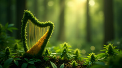 Pistil string harp with leaf soundboard in musical note-shaped cannabis forest.