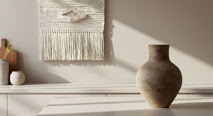 Neutral Kitchen Backdrop With A Woven Wall Hanging And Clay Vase