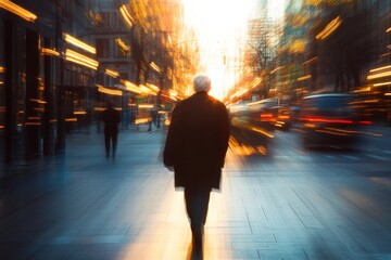Fototapeta premium Blurred motion of man walking through glowing urban street at sunset