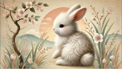 Adorable Bunny Illustration in Japanese Style – Soft Pastel Digital Art for Children’s Books, Decor, and Storytelling