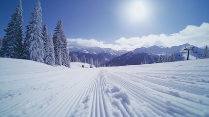 Groomed Ski Slope in Scenic Winter Mountain Landscape