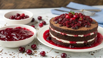 Decadent black forest cake adorned with luscious red berry compote and fresh cherries in a cozy dessert setting