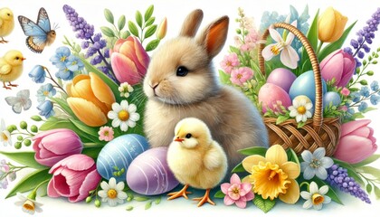 Watercolor Easter Illustration with Bunny, Chick, Colorful Eggs, and Spring Flowers – Hand-Painted Festive Artwork on White Background