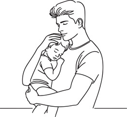 Father's Day Line Drawing. Young Dad Carrying Sleepy Son