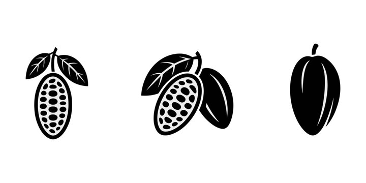 Silhouette of a Cocoa Bean Pod with Leaves, Chocolate. Hand drawn sketch vector Cocoa beans, leaves, raw chocolate chunks, wedges of dessert chocolate, Chocolate text. Organic product Doodle sketch.