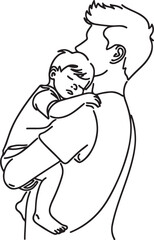Father's Day Line Drawing. Young Dad Carrying Sleepy Son