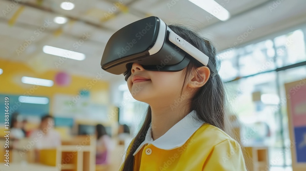 Poster student engages in immersive learning within a virtual reality classroom environment using advanced 