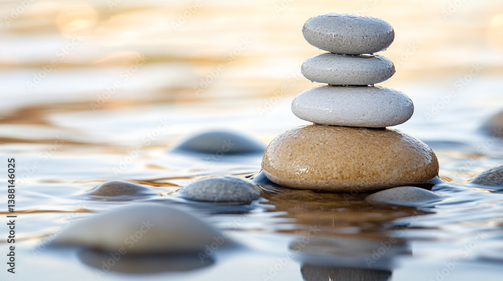 Aufkleber a balanced stack of stones in shallow water with other stones visible in the foreground and backgrou