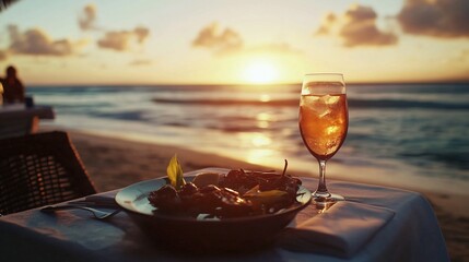 Romantic Dinner Setup on Beach with Sunset View