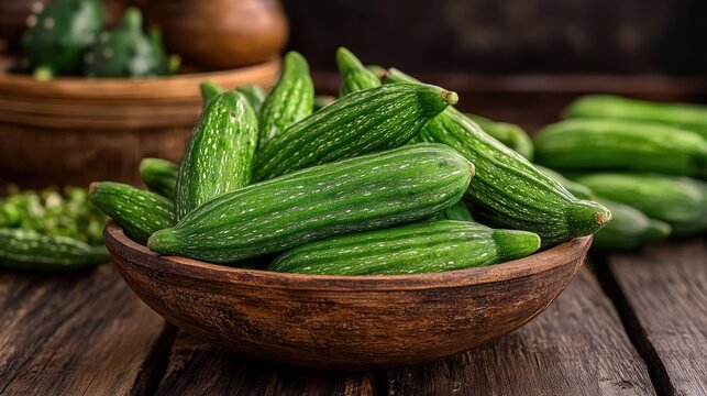 Fresh potol (pointed gourd) arranged beautifully on a wooden table