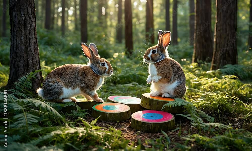 Poster two rabbits interact playfully on colorful discs in a serene forest setting.