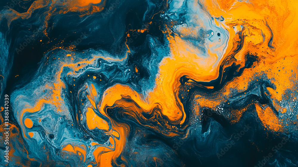 Poster an abstract painting with swirling patterns of orange and blue colors creating a dynamic composition
