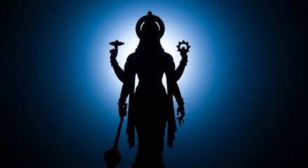 Fototapeta premium Silhouette Depiction of Divine Four-Armed Figure Against Luminous Blue Backdrop