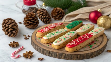 Festive biscotti adorned with colorful icing and sprinkles create a joyful holiday display on a wooden platter