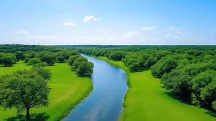A serene river meanders through lush green fields. Lush trees line the riverbanks. The image is high-resolution, showcasing vibrant colors. The style is idyllic and peaceful. The mood is calm and tr