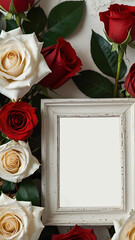 Elegant white frame surrounded by red and cream roses soft light delicate floral arrangement