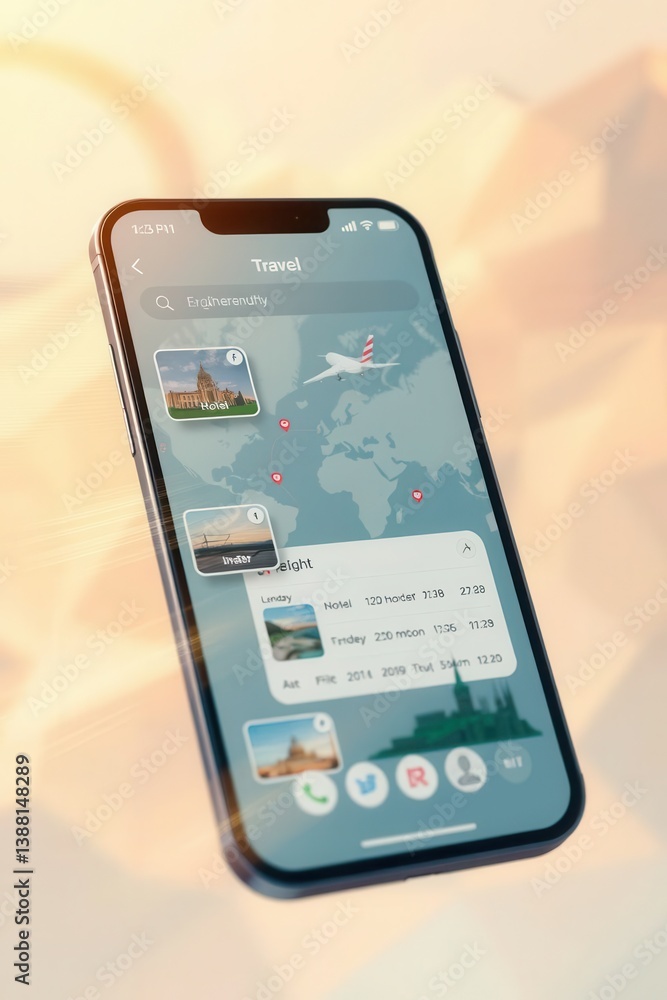 Poster modern smartphone displaying a travel application featuring a world map and destination highlights.