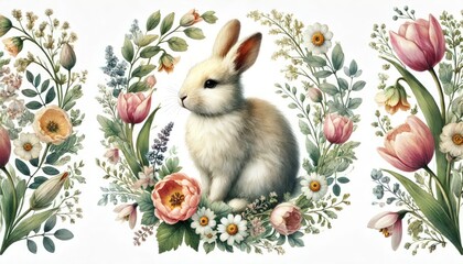 Vintage Watercolor Easter Bunny with Floral Wreath – Hand-Painted Spring Rabbit Illustration on White Background for Holiday Designs
