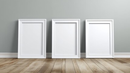 Three empty white picture frames on minimalist background