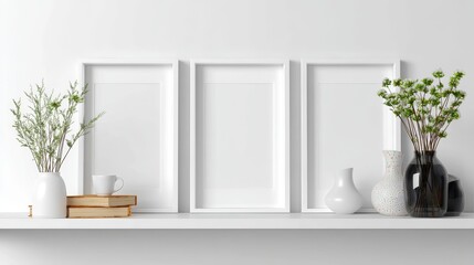 Three empty white picture frames on minimalist background
