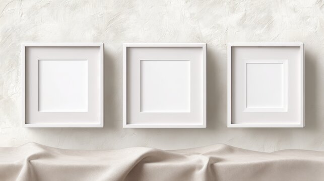 Three empty white picture frames on minimalist background