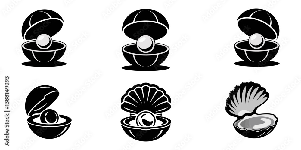 Poster pearl in the open shell icon set for ui ux designs, set of scallop shell logos. collection of isolat