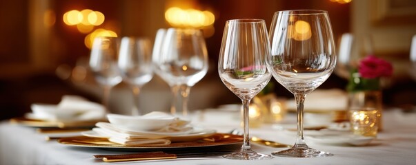 Luxury events gala dinner and elegant decor, A beautifully set dining table featuring elegant wine glasses, fine china, and soft lighting, creating a warm and inviting atmosphere.