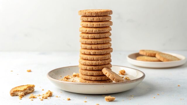 Neatly stacked biscoitos create a delightful tower of sweet indulgence on a serene kitchen countertop