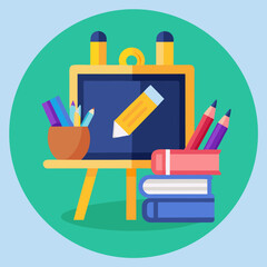 Back to school discount promotion with various school supplies illustrated in a colorful vector design.