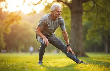 Smiling senior man stretches legs in park. Healthy old male in activewear exercises outside, enjoys morning workout. Happy elderly person warms up body for sport routine.