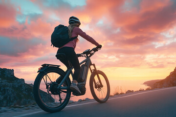 Obraz premium Woman rides electric bike along scenic coastal route at sunset