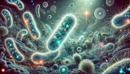 Microscopic View of Microbes Dividing and Feeding – Bioluminescent Scientific Illustration of Microorganisms in Action