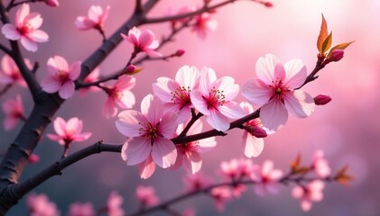 Obraz premium Intricate sakura branch pattern, full bloom, vibrant pink hues , blossom branch, floral design