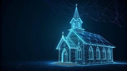 Futuristic Digital Wireframe Model of a Church Building at Night