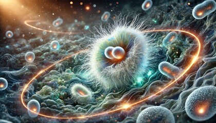 Microscopic View of Microbes Dividing and Feeding – Bioluminescent Scientific Illustration of Microorganisms in Action