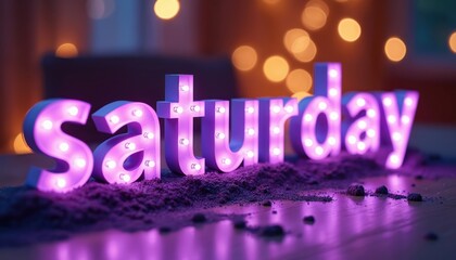 Illuminated purple letters spelling Saturday on wooden table. Glowing lights create vibrant festive mood. Bright neon sign suitable for weekend celebration parties.