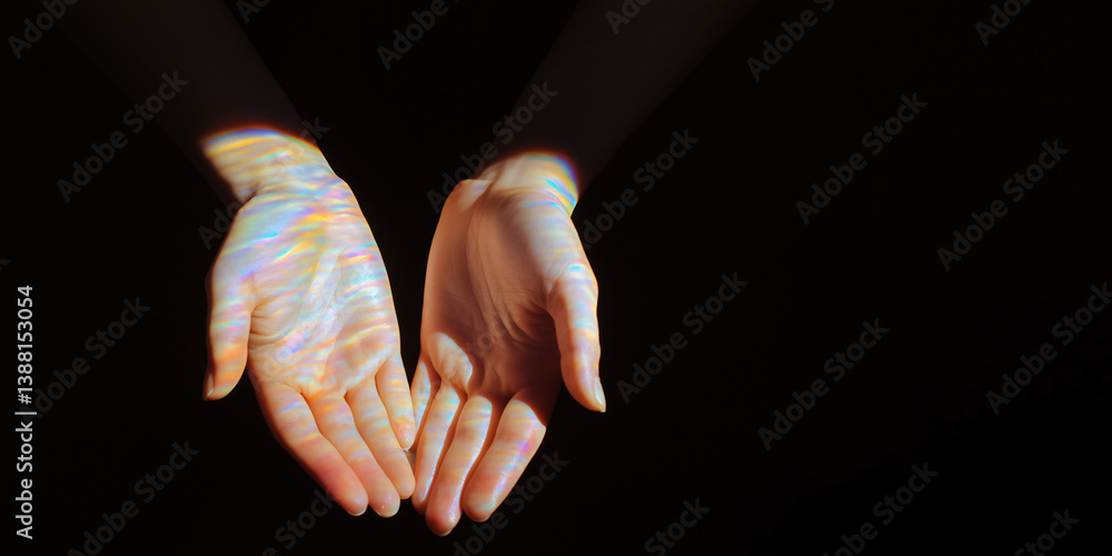 Poster hands of light: a captivating visual showcasing delicate hands bathed in iridescent light, creating 