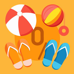 Flip flops and colorful beach balls scattered on a sandy beach under a clear blue sky.