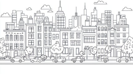 Fototapeta premium Cityscape Line Art, Urban Buildings, Street View, Peaceful Background, Stock Illustration, For Posters, Prints, Websites
