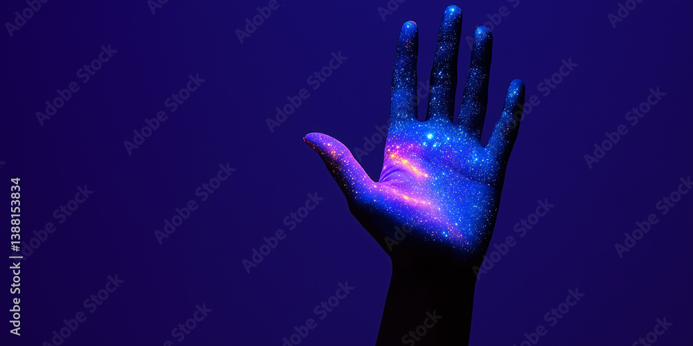 Poster hand illuminated: an open hand, bathed in the ethereal glow of ultraviolet light, reveals a captivat