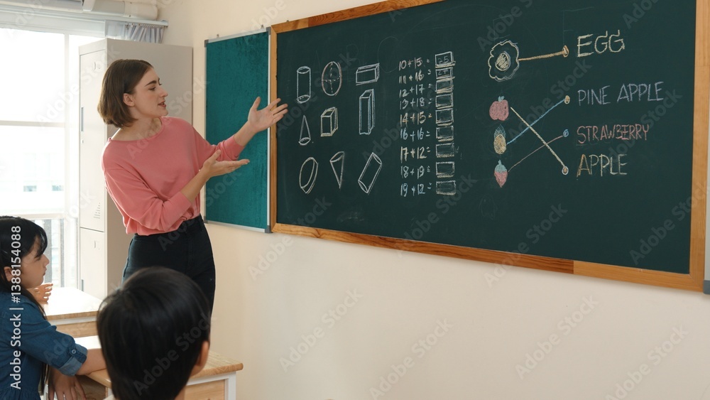 Poster smart teacher checking cute student homework while explaining idea at class. attractive instructor w